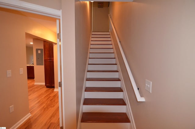 108 Dillard Creek Ct, Greer, SC 29651 - staircase featuring electric panel and wood finished floors