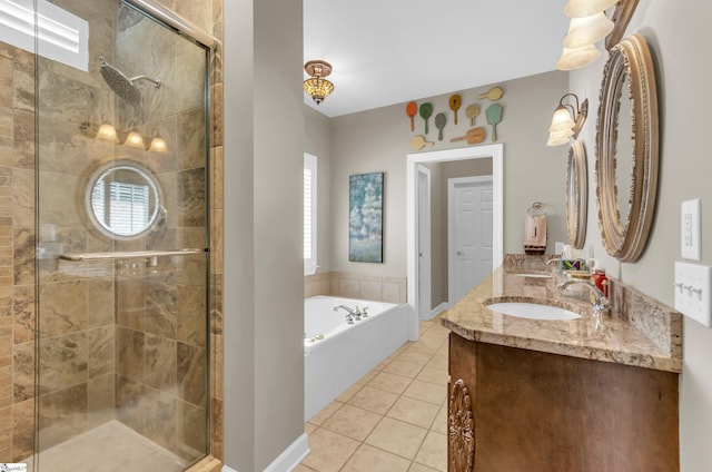 128 Banbury Cir, Simpsonville, SC 29650 - bathroom with a garden tub, a stall shower, double vanity, and tile patterned floors