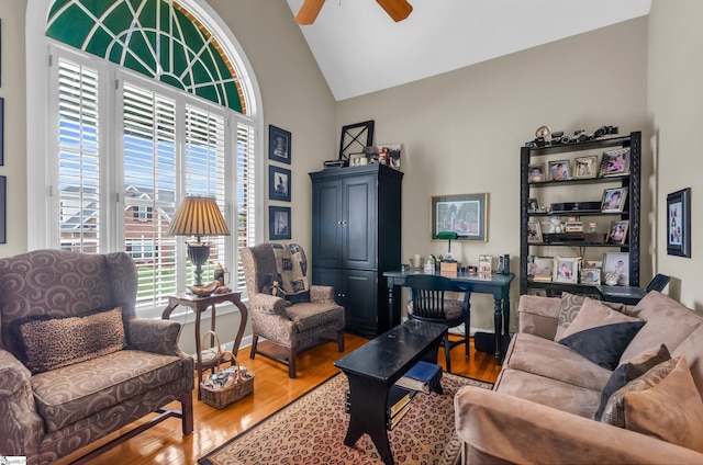 128 Banbury Cir, Simpsonville, SC 29650 - living area with wood finished floors, a ceiling fan, and high vaulted ceiling