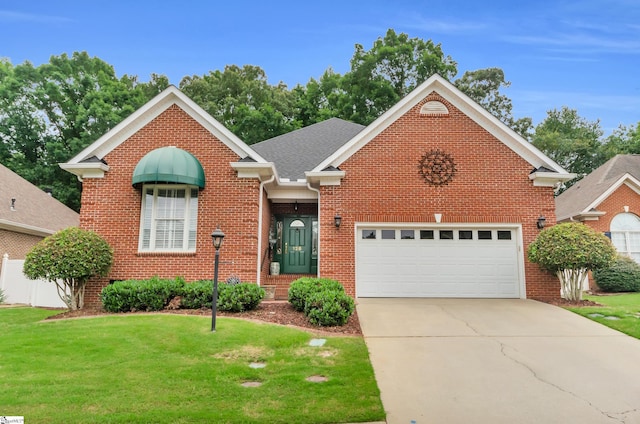 128 Banbury Cir, Simpsonville, SC 29650 - traditional-style house with a front lawn, concrete driveway, brick siding, and a garage