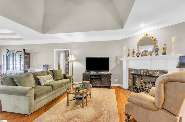 128 Banbury Cir, Simpsonville, SC 29650 - living room featuring a tray ceiling, crown molding, light wood finished floors, recessed lighting, and a fireplace