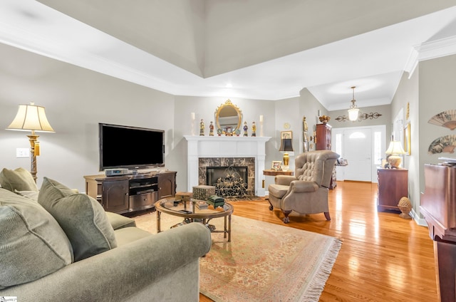 128 Banbury Cir, Simpsonville, SC 29650 - living room with light wood finished floors, ornamental molding, and a high end fireplace