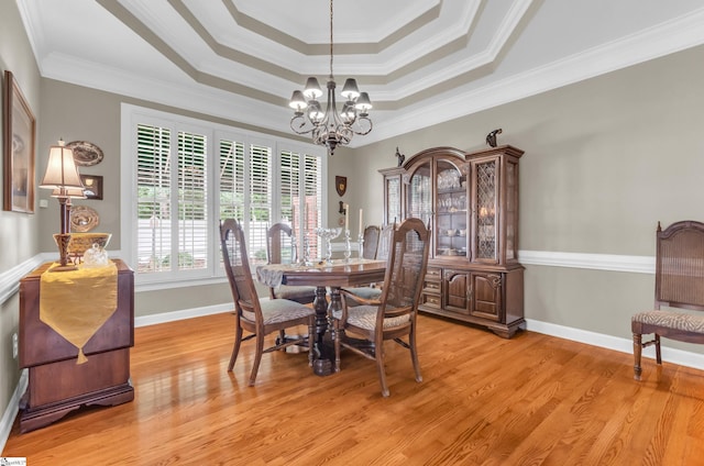128 Banbury Cir, Simpsonville, SC 29650 - dining room featuring a chandelier, light wood-style flooring, a raised ceiling, and ornamental molding