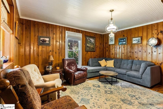2115 Price House Rd, Woodruff, SC 29388 - living area with crown molding, wood finished floors, and wood walls