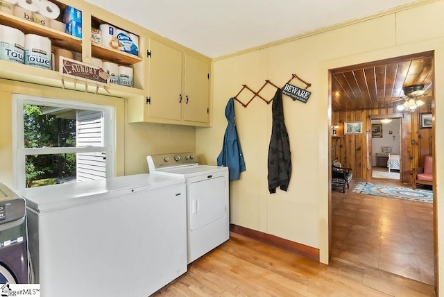2115 Price House Rd, Woodruff, SC 29388 - laundry room with cabinet space, independent washer and dryer, ceiling fan, wooden ceiling, and wood walls