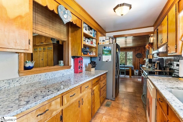 2115 Price House Rd, Woodruff, SC 29388 - kitchen featuring appliances with stainless steel finishes, under cabinet range hood, brown cabinets, open shelves, and ornamental molding