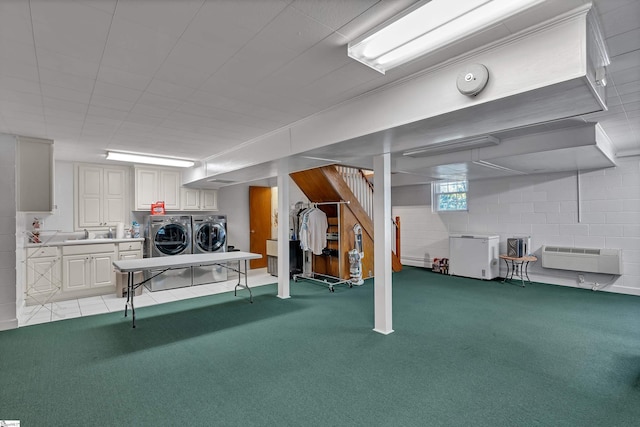 135 James Ave, Wellford, SC 29385 - basement with independent washer and dryer, fridge, light colored carpet, and a wall mounted air conditioner