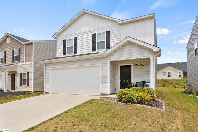 314 Long Grove Ln, Greer, SC 29650 - view of front of property with a garage, a front yard, concrete driveway, and a porch