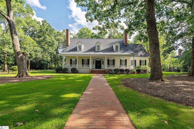 15 Annas Pl, Simpsonville, SC 29681 - cape cod-style house with a chimney, a porch, and a front lawn