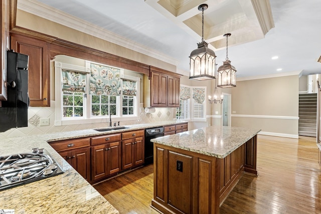 15 Annas Pl, Simpsonville, SC 29681 - kitchen featuring black appliances, crown molding, plenty of natural light, a center island, and light stone counters