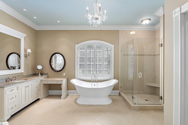 15 Annas Pl, Simpsonville, SC 29681 - bathroom featuring a shower stall, ornamental molding, vanity, a freestanding bath, and tile patterned floors