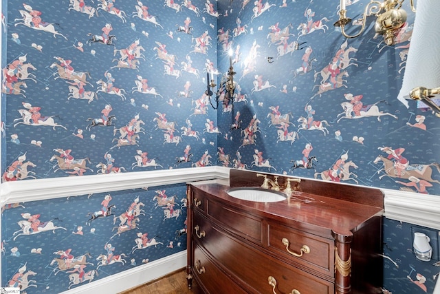 15 Annas Pl, Simpsonville, SC 29681 - bathroom featuring vanity, wood finished floors, and wallpapered walls