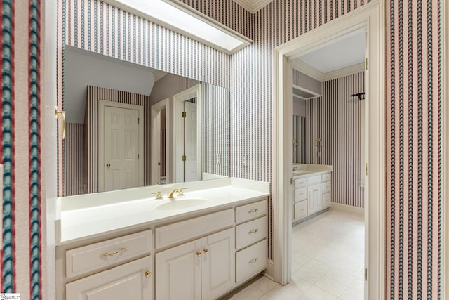 15 Annas Pl, Simpsonville, SC 29681 - full bath with wallpapered walls, vanity, ornamental molding, and tile patterned flooring