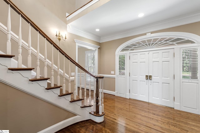 15 Annas Pl, Simpsonville, SC 29681 - entrance foyer featuring wood finished floors, stairway, ornamental molding, and recessed lighting
