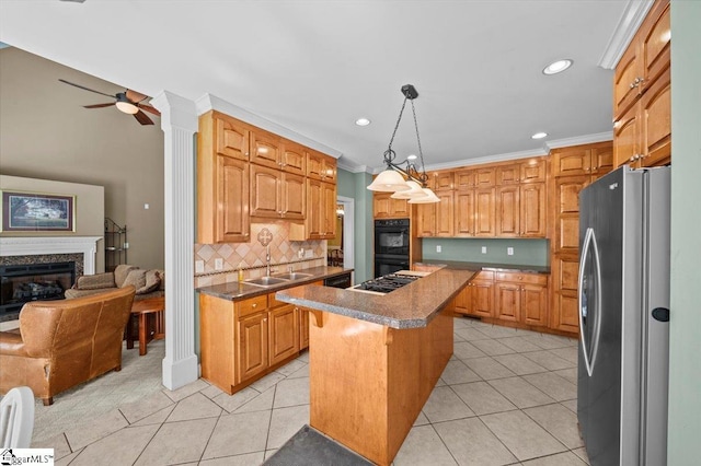 118 Glencreek Dr, Greer, SC 29650 - kitchen featuring freestanding refrigerator, backsplash, light tile patterned floors, recessed lighting, and a kitchen island