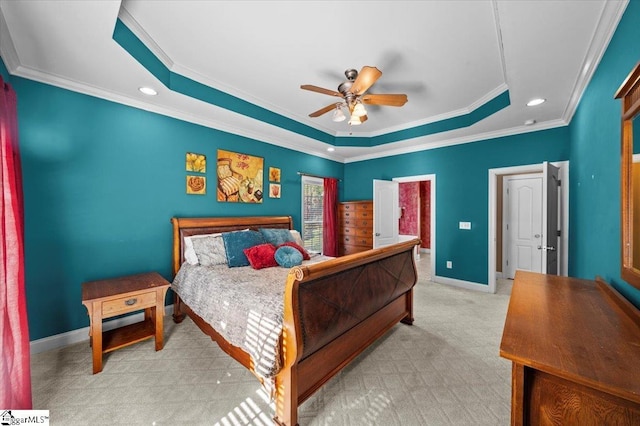 118 Glencreek Dr, Greer, SC 29650 - bedroom with a raised ceiling, ornamental molding, recessed lighting, carpet flooring, and a ceiling fan