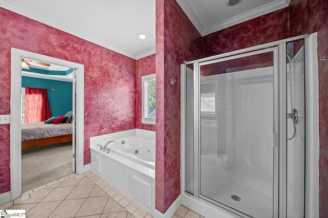 118 Glencreek Dr, Greer, SC 29650 - ensuite bathroom featuring crown molding, a tub with jets, tile patterned flooring, and a stall shower