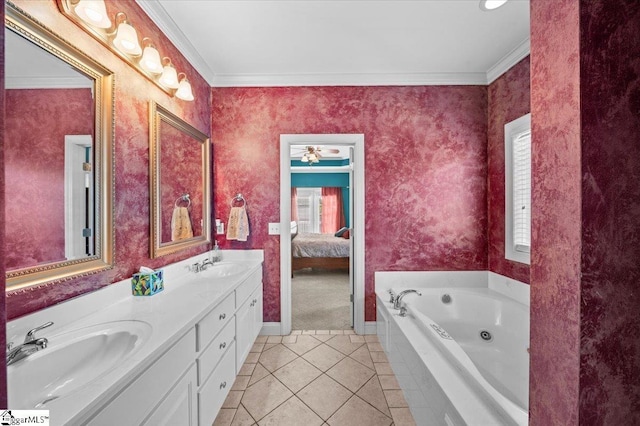 118 Glencreek Dr, Greer, SC 29650 - full bathroom featuring tile patterned flooring, double vanity, a tub with jets, ornamental molding, and ensuite bath