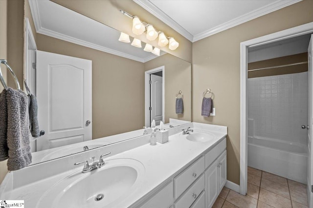 118 Glencreek Dr, Greer, SC 29650 - bathroom with double vanity, crown molding, tile patterned floors, and shower / bathtub combination