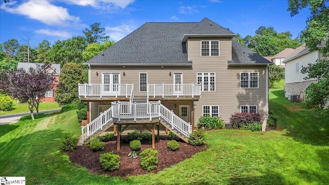 118 Glencreek Dr, Greer, SC 29650 - back of property featuring a yard, a wooden deck, stairs, and a shingled roof