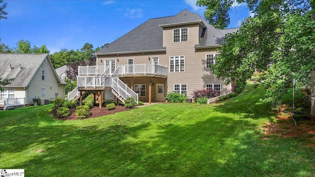 118 Glencreek Dr, Greer, SC 29650 - back of property featuring stairs, a wooden deck, a shingled roof, and a yard