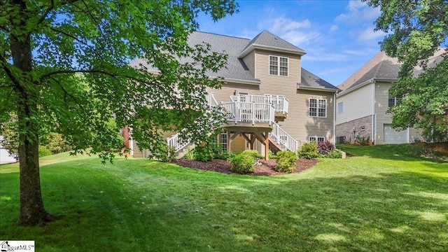 118 Glencreek Dr, Greer, SC 29650 - back of property featuring stairway, a deck, a lawn, and roof with shingles