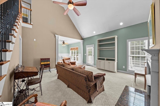 118 Glencreek Dr, Greer, SC 29650 - living room with ceiling fan, high vaulted ceiling, stairway, light carpet, and recessed lighting