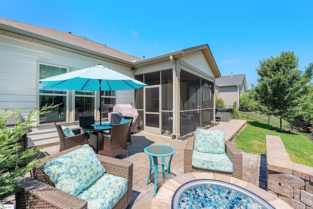 217 Holstein Ct, Fountain Inn, SC 29644 - view of patio featuring a sunroom, area for grilling, a fire pit, and outdoor dining area