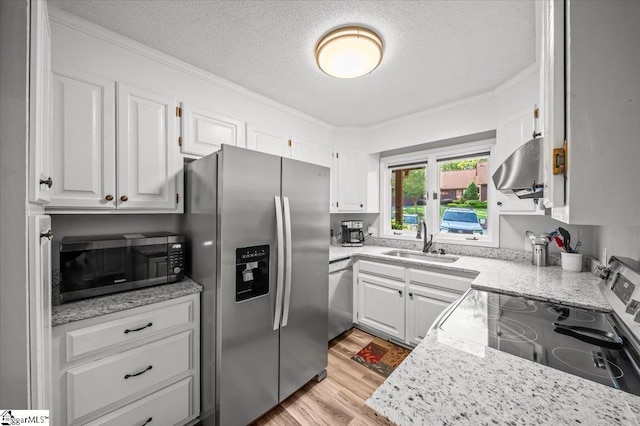 2 Creekside Way, Greenville, SC 29609 - kitchen with stainless steel appliances, extractor fan, ornamental molding, white cabinetry, and a textured ceiling