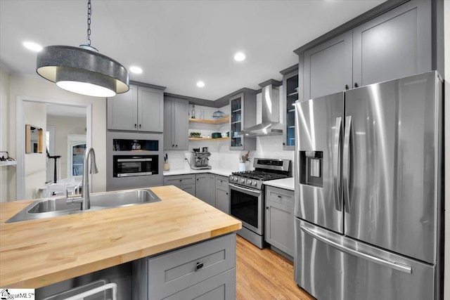 109 W Fieldsparrow Cir, Greenville, SC 29615 - kitchen featuring stainless steel appliances, gray cabinetry, wall chimney range hood, wood counters, and recessed lighting