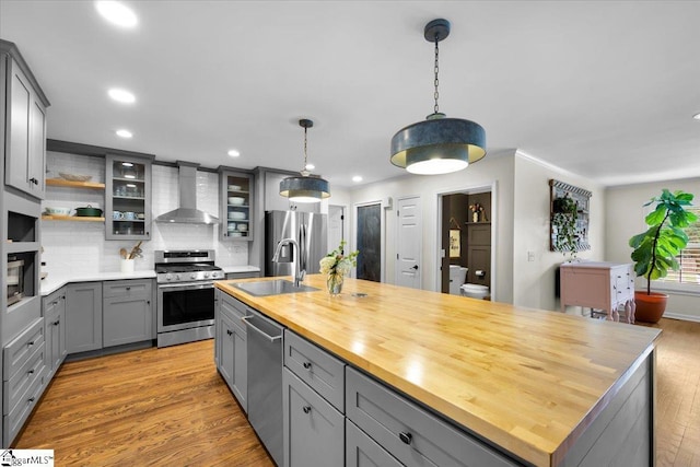 109 W Fieldsparrow Cir, Greenville, SC 29615 - kitchen with stainless steel appliances, wall chimney exhaust hood, gray cabinets, wooden counters, and light wood-type flooring