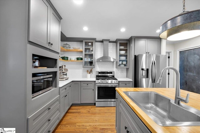 109 W Fieldsparrow Cir, Greenville, SC 29615 - kitchen with appliances with stainless steel finishes, wall chimney exhaust hood, gray cabinets, wooden counters, and decorative backsplash