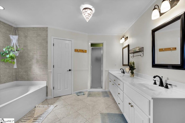 109 W Fieldsparrow Cir, Greenville, SC 29615 - bathroom with tile patterned flooring, double vanity, a garden tub, an enclosed shower, and ornamental molding