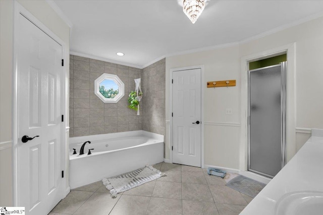 109 W Fieldsparrow Cir, Greenville, SC 29615 - bathroom featuring tile patterned flooring, a garden tub, crown molding, and a stall shower