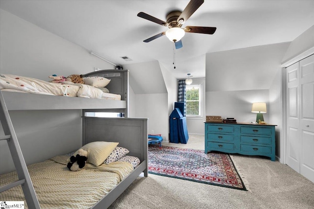 109 W Fieldsparrow Cir, Greenville, SC 29615 - bedroom featuring carpet, lofted ceiling, a closet, and a ceiling fan