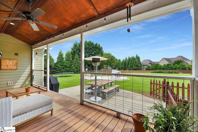 109 W Fieldsparrow Cir, Greenville, SC 29615 - deck featuring a trampoline, a lawn, and ceiling fan