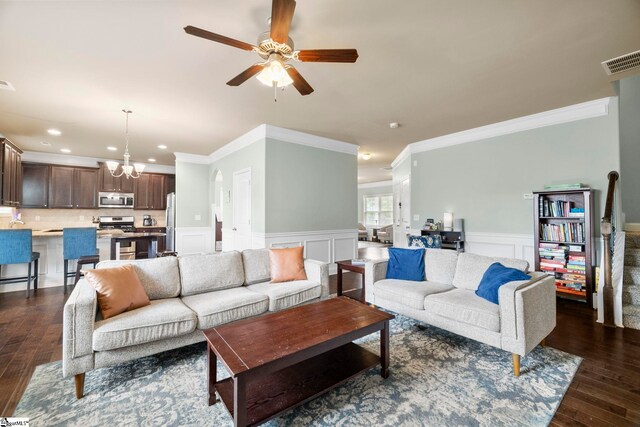 415 Bridge Crossing Dr, Simpsonville, SC 29681 - living room featuring crown molding, a chandelier, ceiling fan, dark wood-style flooring, and recessed lighting