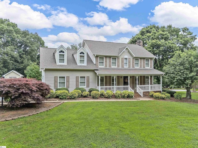 209 Thornhill Dr, Spartanburg, SC 29301 - view of front of house with covered porch, a front yard, a chimney, and a shingled roof