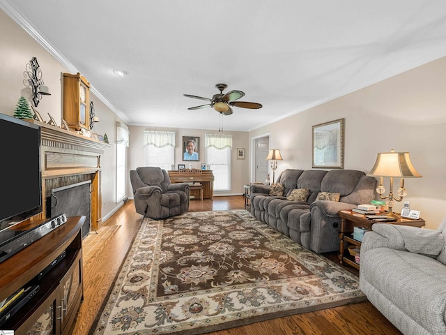 209 Thornhill Dr, Spartanburg, SC 29301 - living area featuring ornamental molding, a fireplace with flush hearth, ceiling fan, and light wood-style floors