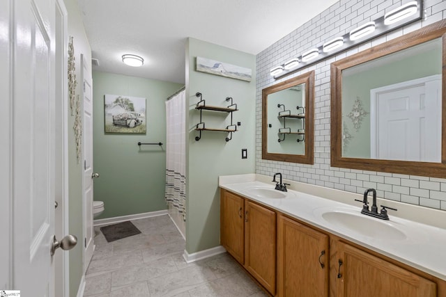 125 Woodgrove Way, Greer, SC 29651 - full bath with double vanity, backsplash, tile patterned floors, and a shower with curtain