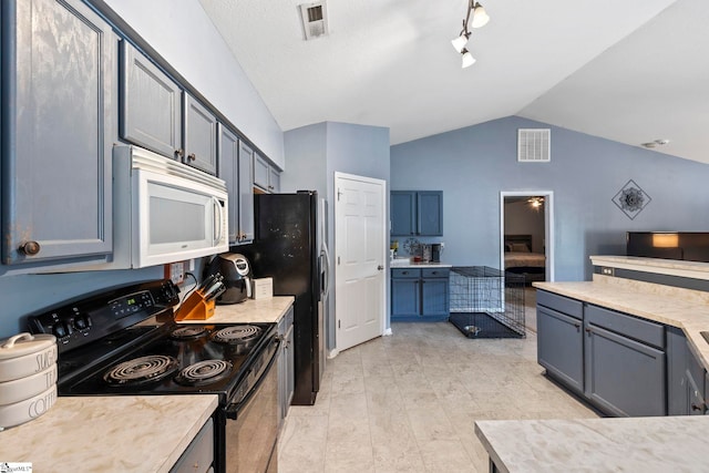 125 Woodgrove Way, Greer, SC 29651 - kitchen featuring white microwave, black electric range, lofted ceiling, and light countertops