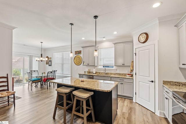 27 Mossycup Rd, Taylors, SC 29687 - kitchen featuring ornamental molding, healthy amount of natural light, appliances with stainless steel finishes, gray cabinets, and light wood finished floors