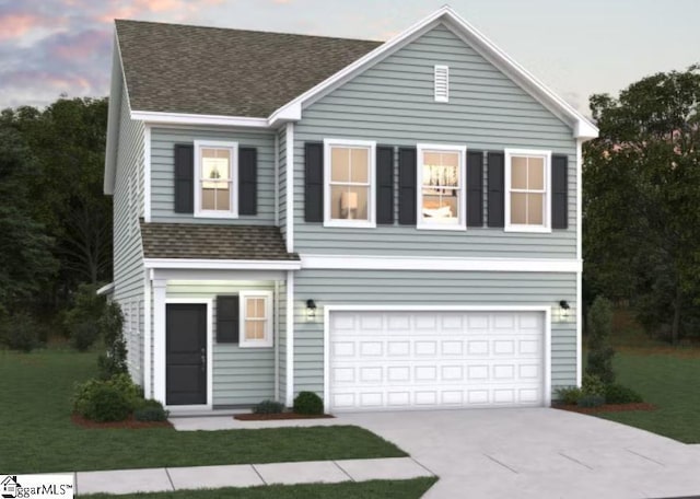324 Encampment Blvd, Simpsonville, SC 29681 - traditional home with a shingled roof, driveway, a garage, and a front lawn