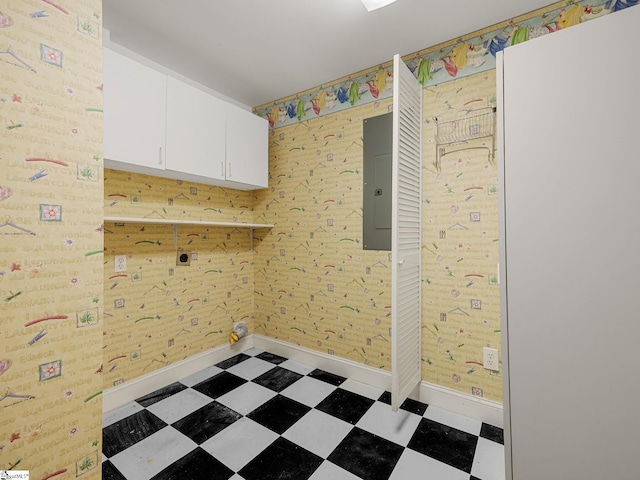772 Glendalyn Ave, Spartanburg, SC 29302 - laundry area with tile patterned floors, electric panel, and cabinet space