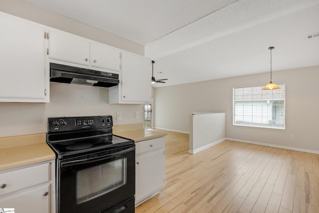 21 Lantern Ln, Greer, SC 29651 - kitchen featuring black electric range, under cabinet range hood, light wood-style flooring, light countertops, and white cabinetry