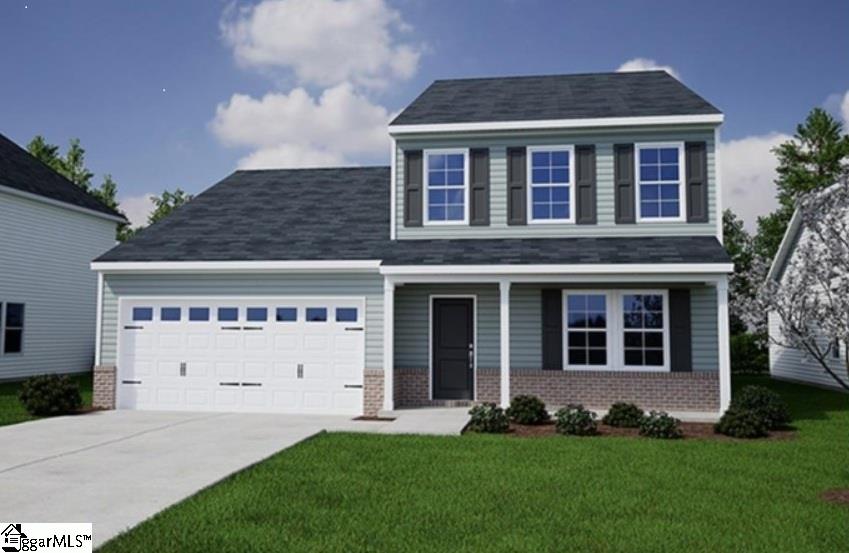 5026 Radley Rd Unit 15, Chesnee, SC 29323 - view of front of home featuring a garage, concrete driveway, brick siding, a front lawn, and covered porch