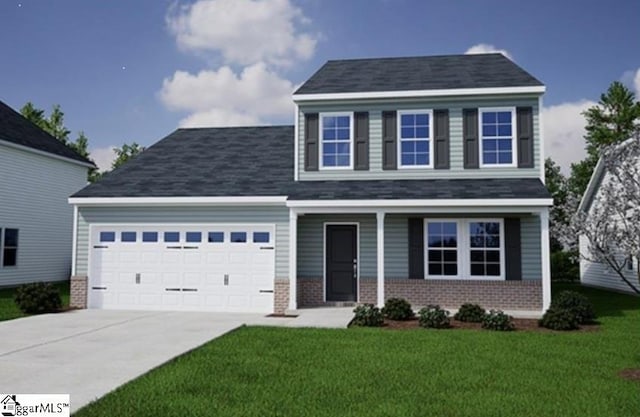 5026 Radley Rd Unit 15, Chesnee, SC 29323 - view of front of home featuring a garage, concrete driveway, brick siding, a front lawn, and covered porch