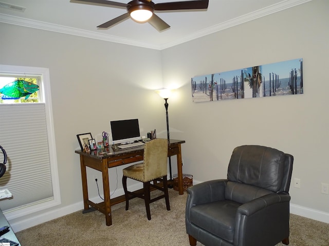 811 White Magnolia Dr, Inman, SC 29349 - office featuring carpet, ornamental molding, and a ceiling fan