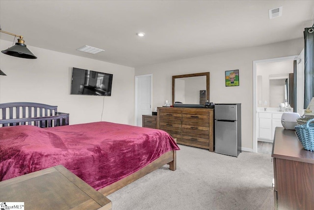 243 Lily Park Way, Easley, SC 29642 - bedroom featuring freestanding refrigerator, carpet floors, recessed lighting, and ensuite bathroom