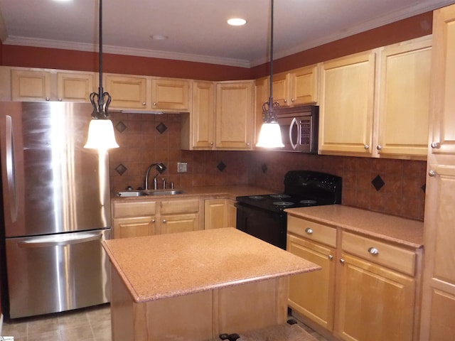279 Finch Rd, Wellford, SC 29385 - kitchen featuring appliances with stainless steel finishes, ornamental molding, backsplash, a kitchen island, and decorative light fixtures